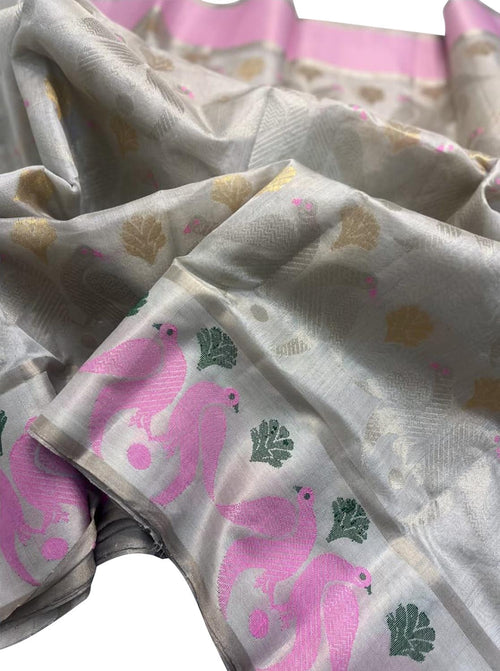 Grey Chanderi Handloom Pure Tissue Silk Bird Design Saree - Luxurion World