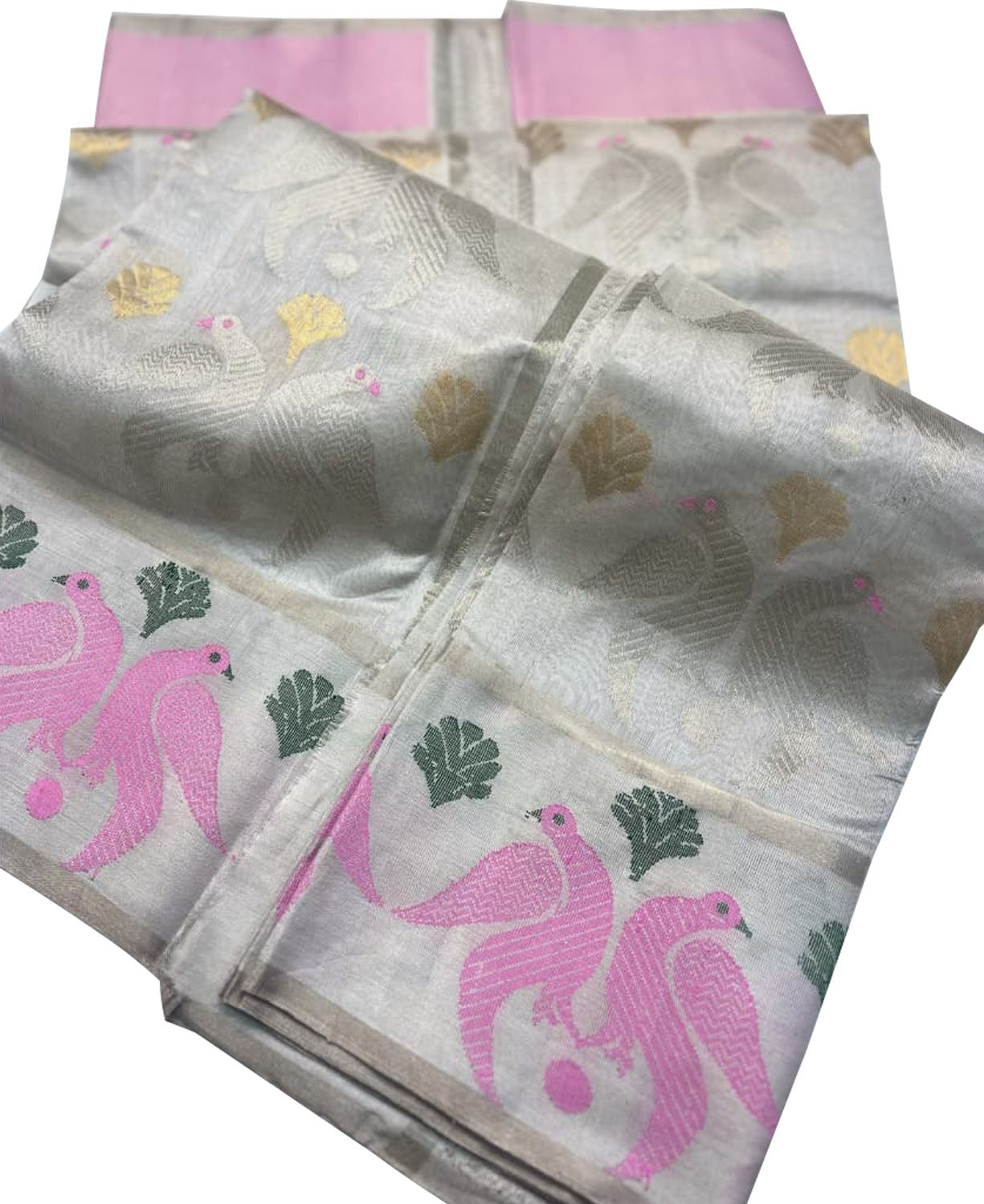 Grey Chanderi Handloom Pure Tissue Silk Bird Design Saree - Luxurion World