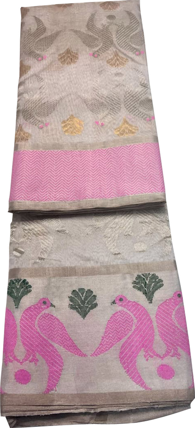 Grey Chanderi Handloom Pure Tissue Silk Bird Design Saree - Luxurion World