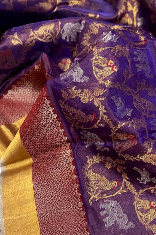 Purple Chanderi Handloom Pure Silk Parrot Design Saree - Luxurion World