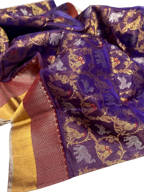 Purple Chanderi Handloom Pure Silk Parrot Design Saree - Luxurion World