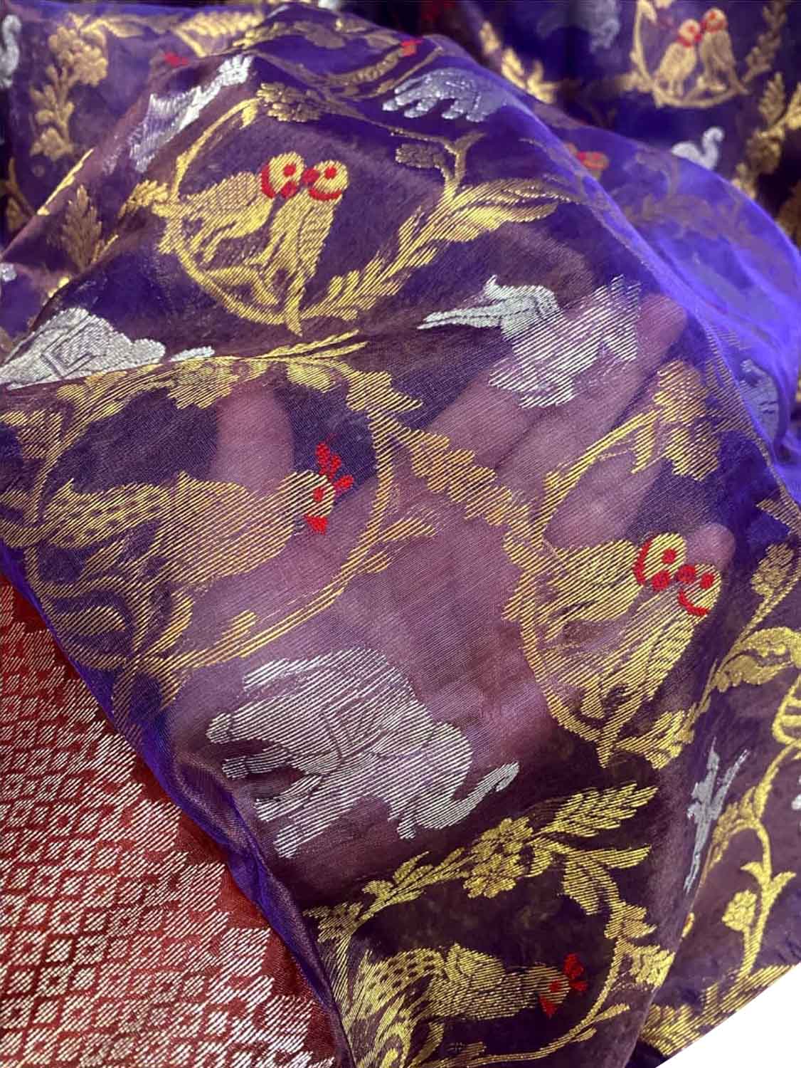 Purple Chanderi Handloom Pure Silk Parrot Design Saree - Luxurion World