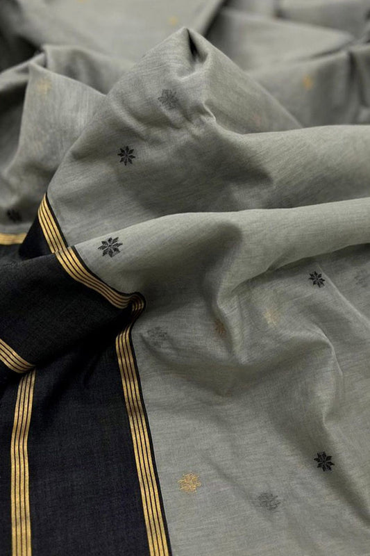 Stunning Grey And Black Handloom Chanderi Cotton Silk Saree - Luxurion World