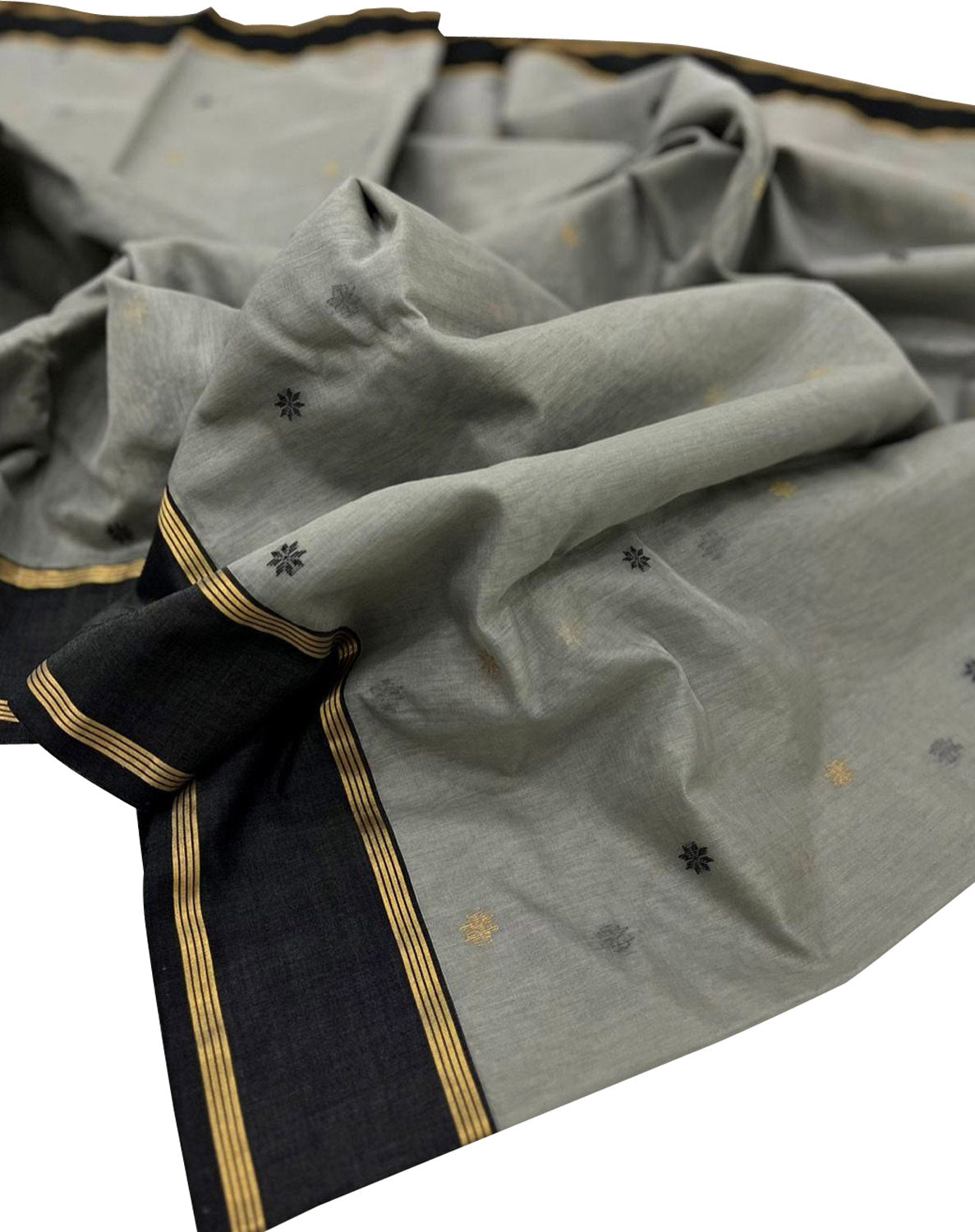 Stunning Grey And Black Handloom Chanderi Cotton Silk Saree - Luxurion World