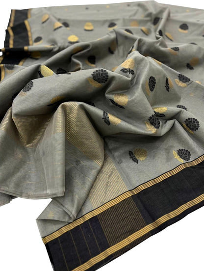 Stunning Grey And Black Handloom Chanderi Cotton Silk Saree - Luxurion World