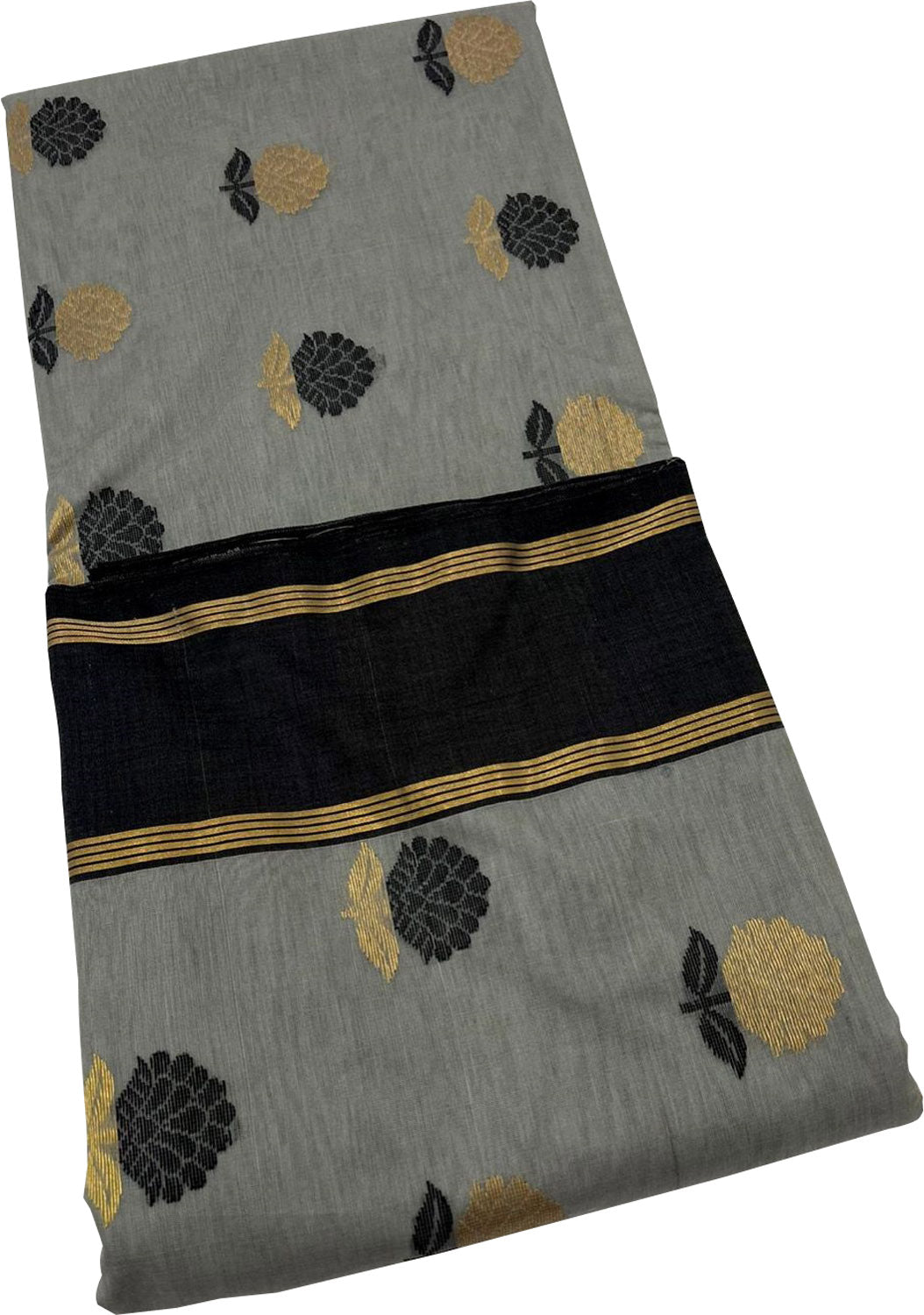 Stunning Grey And Black Handloom Chanderi Cotton Silk Saree - Luxurion World