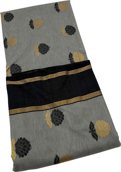 Stunning Grey And Black Handloom Chanderi Cotton Silk Saree - Luxurion World