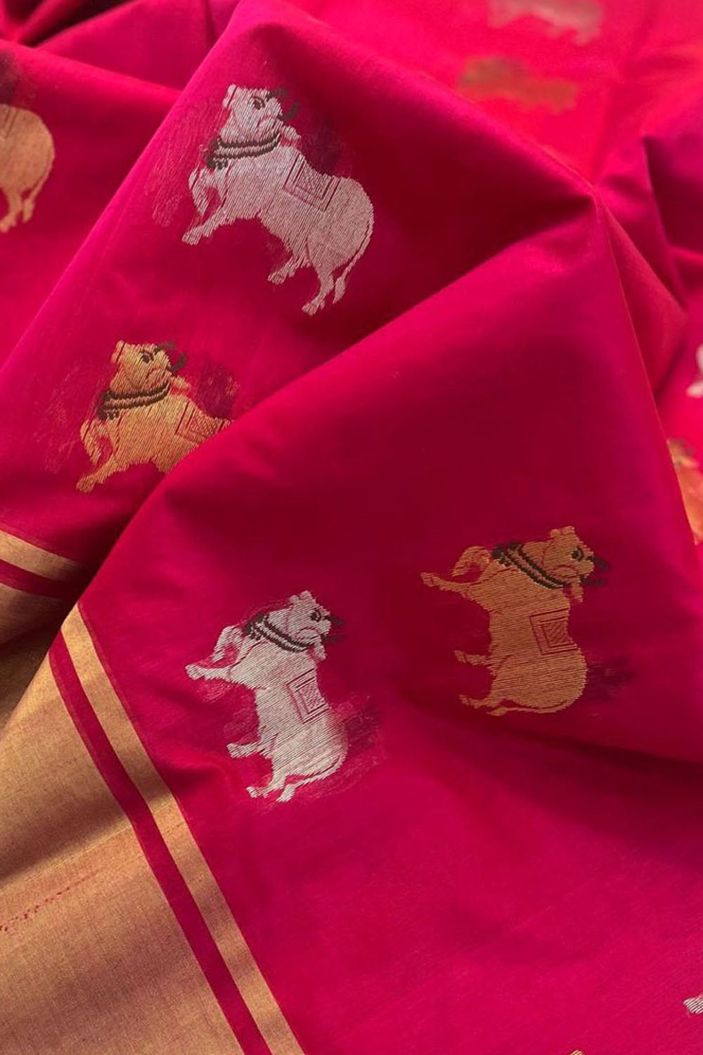 Stunning Pink Handloom Chanderi Cotton Silk Cow Design Saree - Luxurion World