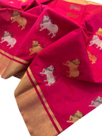 Stunning Pink Handloom Chanderi Cotton Silk Cow Design Saree - Luxurion World