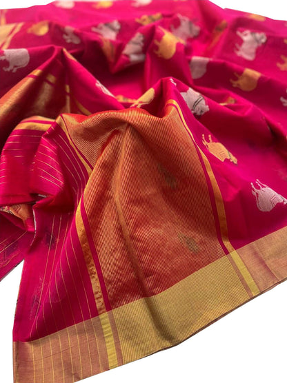 Stunning Pink Handloom Chanderi Cotton Silk Cow Design Saree - Luxurion World