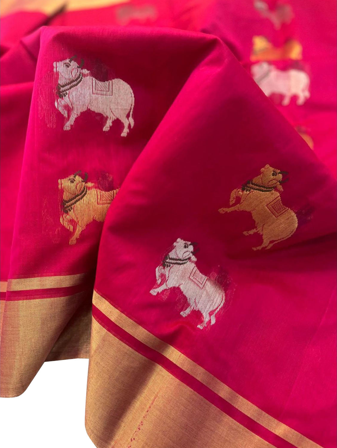 Stunning Pink Handloom Chanderi Cotton Silk Cow Design Saree - Luxurion World