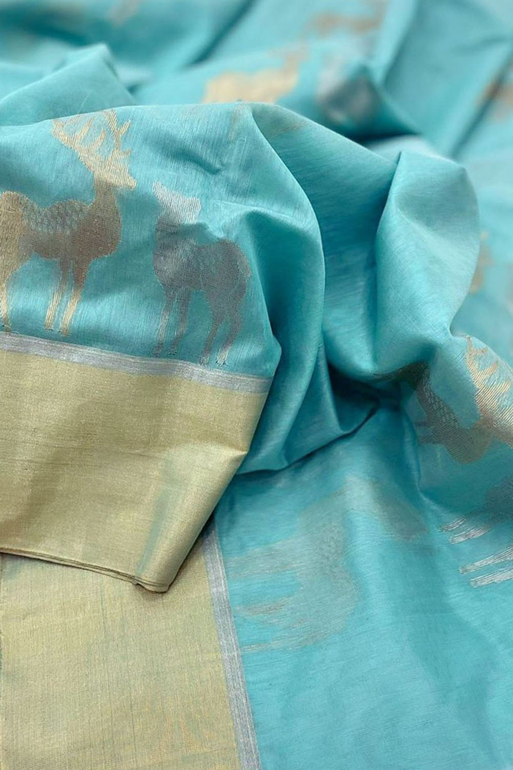 Blue Handloom Chanderi Cotton Silk Deer Design Saree - Luxurion World