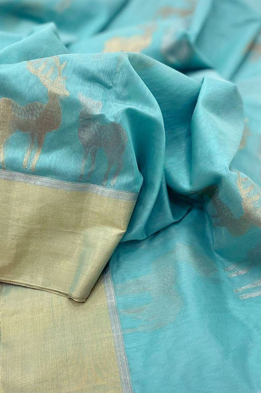 Blue Handloom Chanderi Cotton Silk Deer Design Saree - Luxurion World