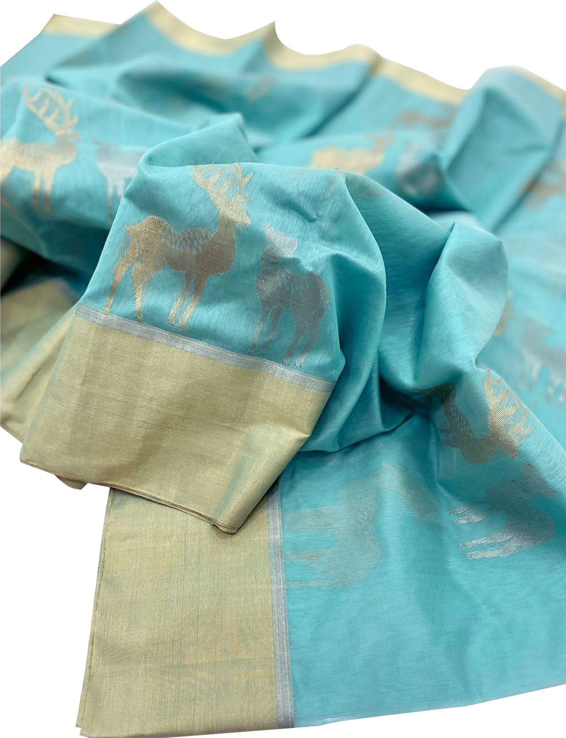 Blue Handloom Chanderi Cotton Silk Deer Design Saree - Luxurion World
