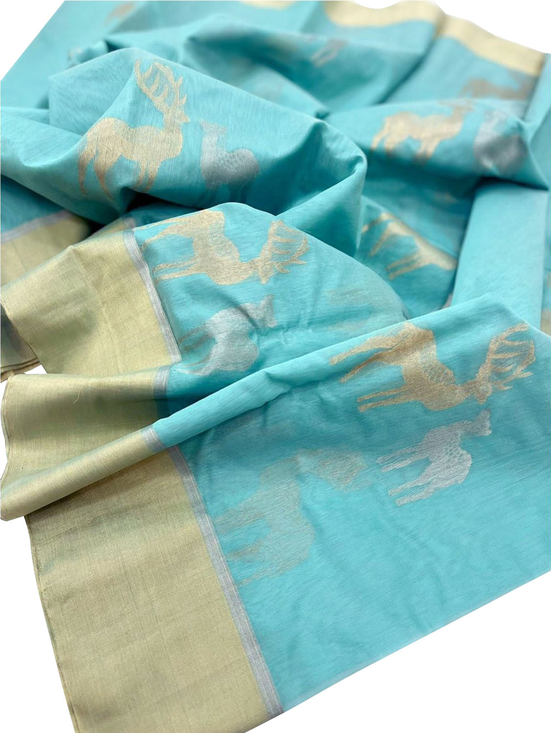 Blue Handloom Chanderi Cotton Silk Deer Design Saree - Luxurion World