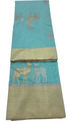 Blue Handloom Chanderi Cotton Silk Deer Design Saree - Luxurion World