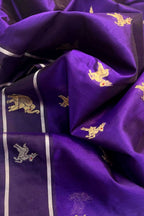 Blue Purple Handloom Chanderi Pure Silk Animal Design Saree - Luxurion World