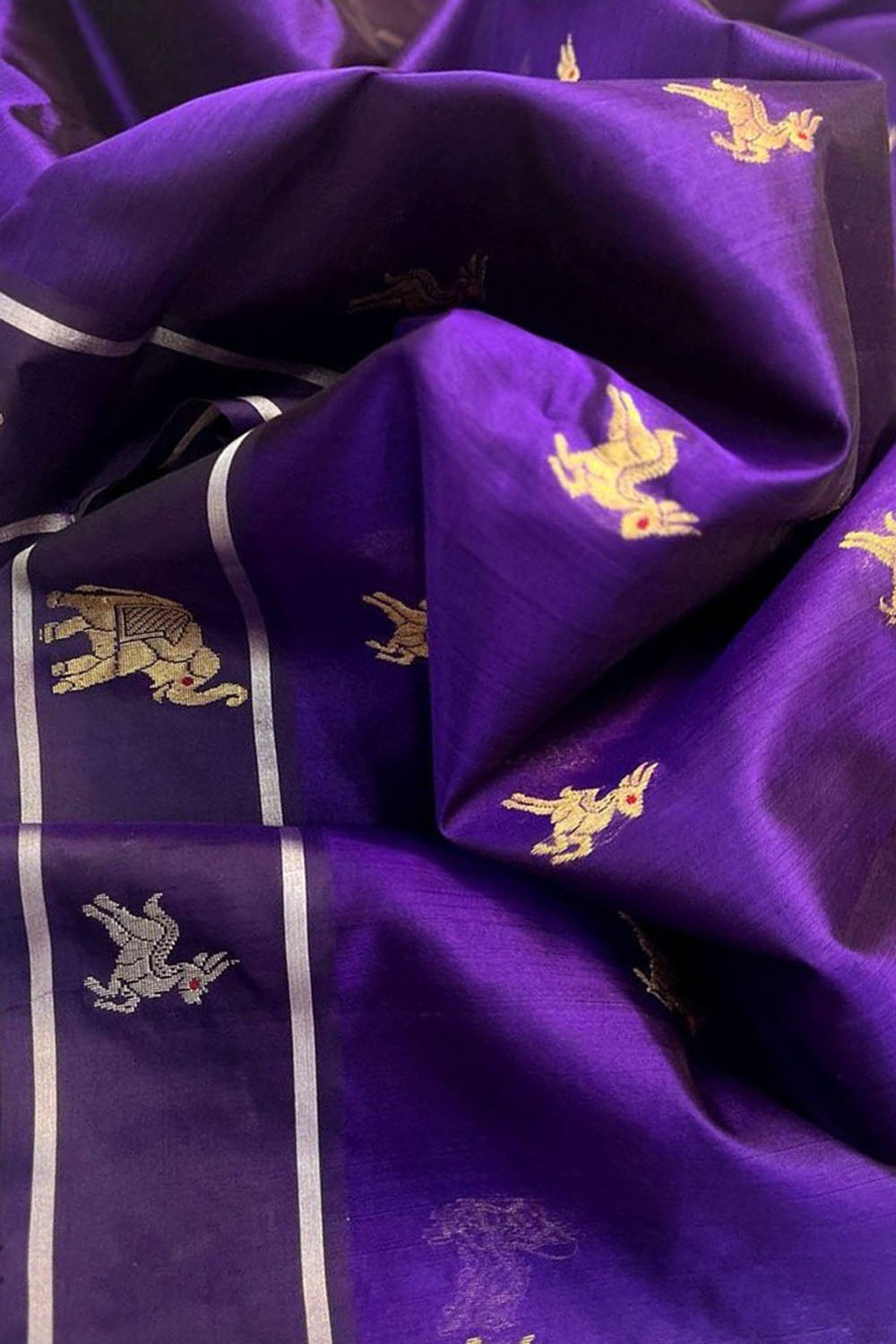 Blue Purple Handloom Chanderi Pure Silk Animal Design Saree - Luxurion World