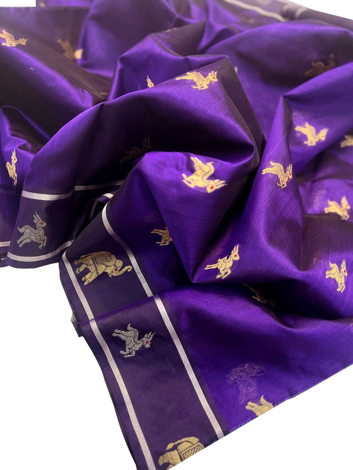 Blue Purple Handloom Chanderi Pure Silk Animal Design Saree - Luxurion World