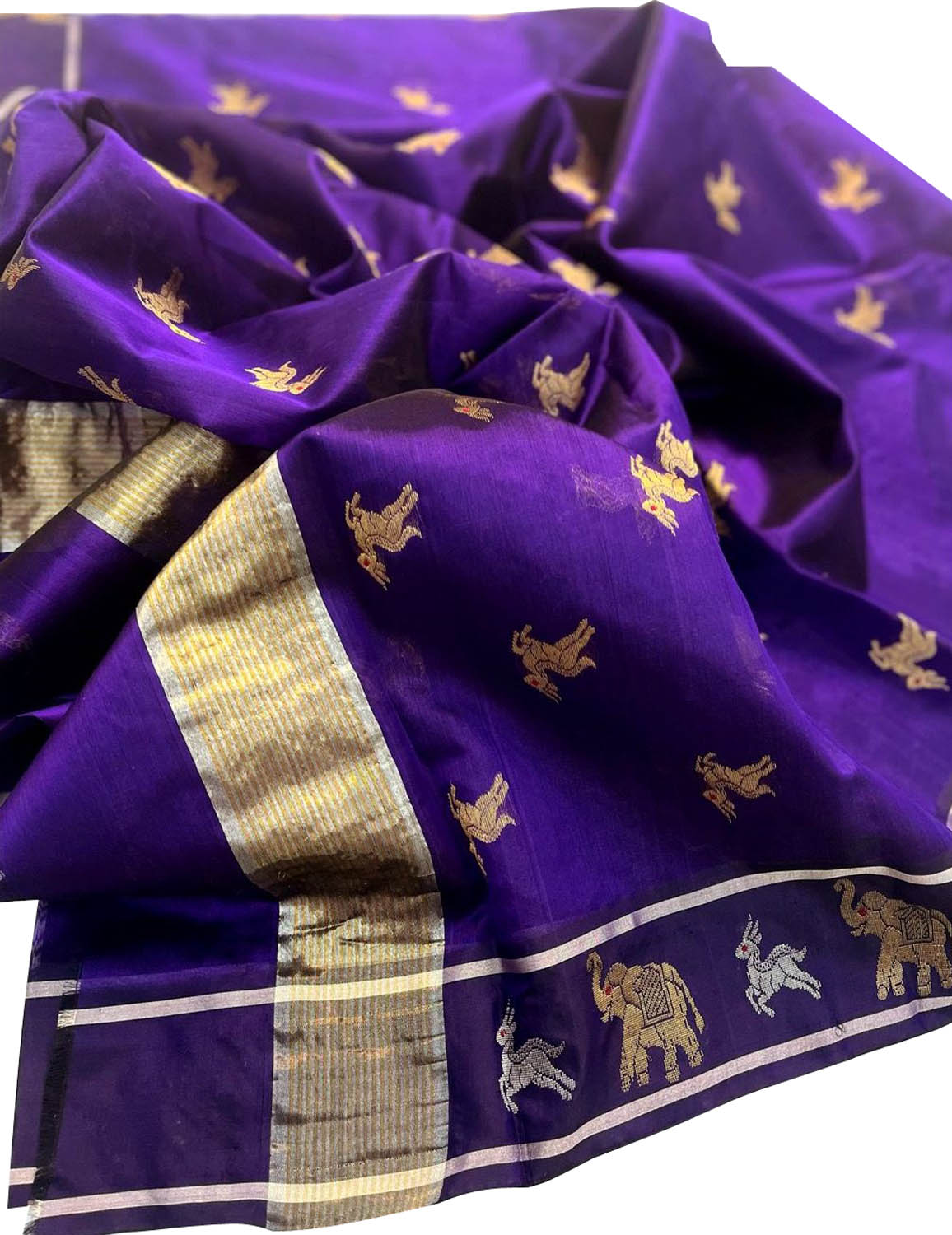 Blue Purple Handloom Chanderi Pure Silk Animal Design Saree - Luxurion World