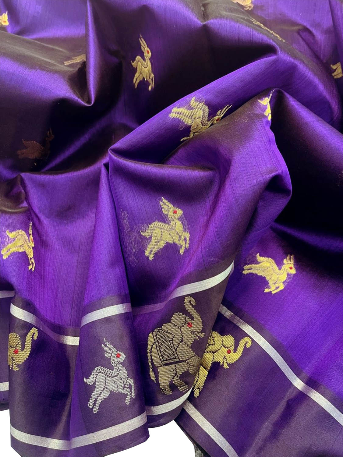 Blue Purple Handloom Chanderi Pure Silk Animal Design Saree - Luxurion World