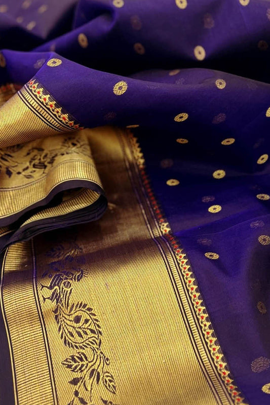Blue Purple Handloom Chanderi Pure Silk Booti Design Saree - Luxurion World