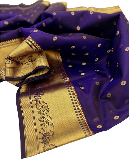 Blue Purple Handloom Chanderi Pure Silk Booti Design Saree - Luxurion World