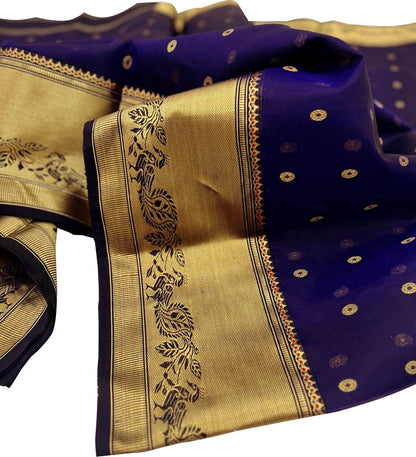 Blue Purple Handloom Chanderi Pure Silk Booti Design Saree - Luxurion World