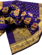 Blue Purple Handloom Chanderi Pure Silk Booti Design Saree - Luxurion World