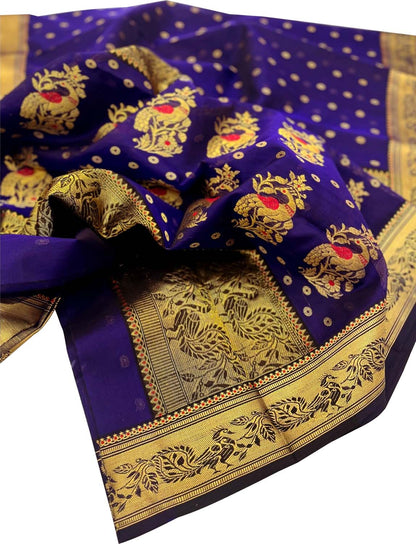 Blue Purple Handloom Chanderi Pure Silk Booti Design Saree - Luxurion World