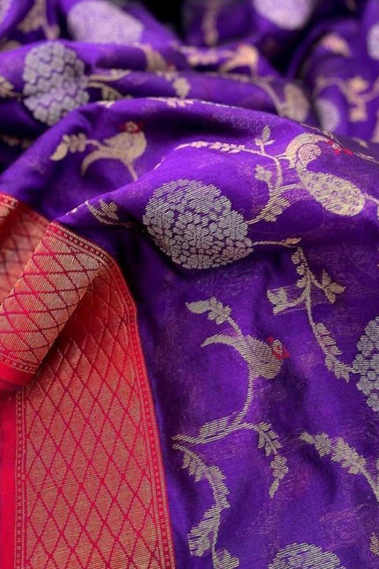Exquisite Purple Handloom Chanderi Pure Silk Flower Design Saree - Luxurion World