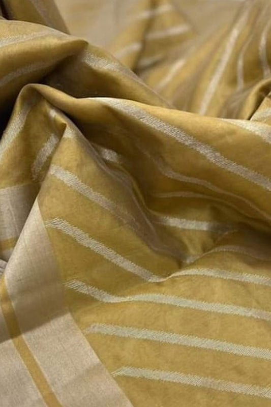 Golden Handloom Chanderi Pure Silk Stripe Design Saree - Luxurion World