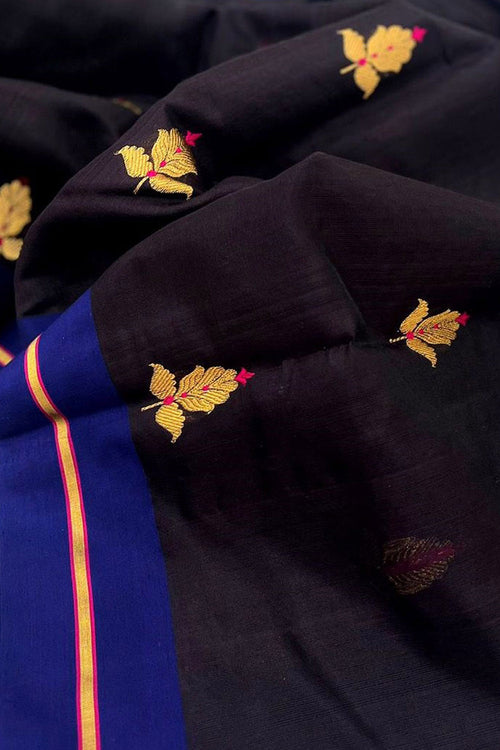 Elegant Black Handloom Chanderi Pure Silk Flower Design Saree - Luxurion World