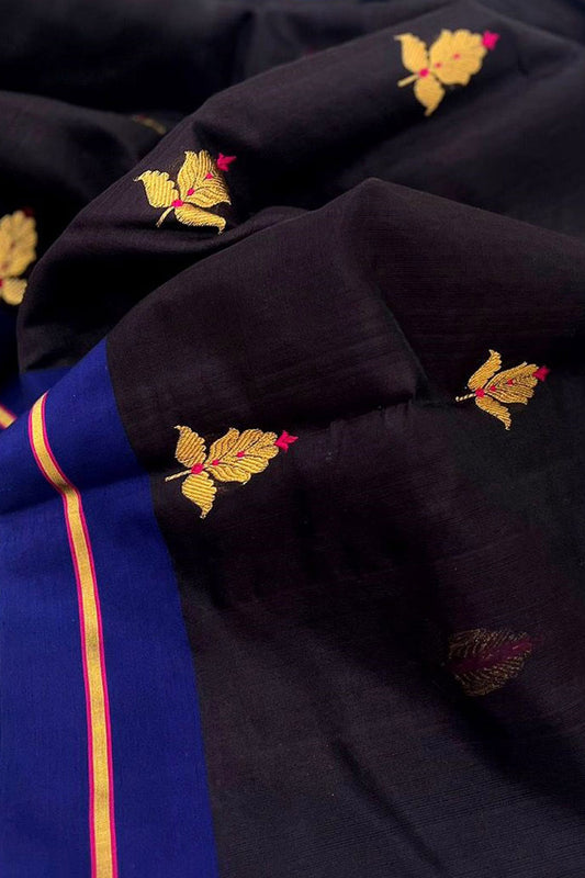 Elegant Black Handloom Chanderi Pure Silk Flower Design Saree - Luxurion World