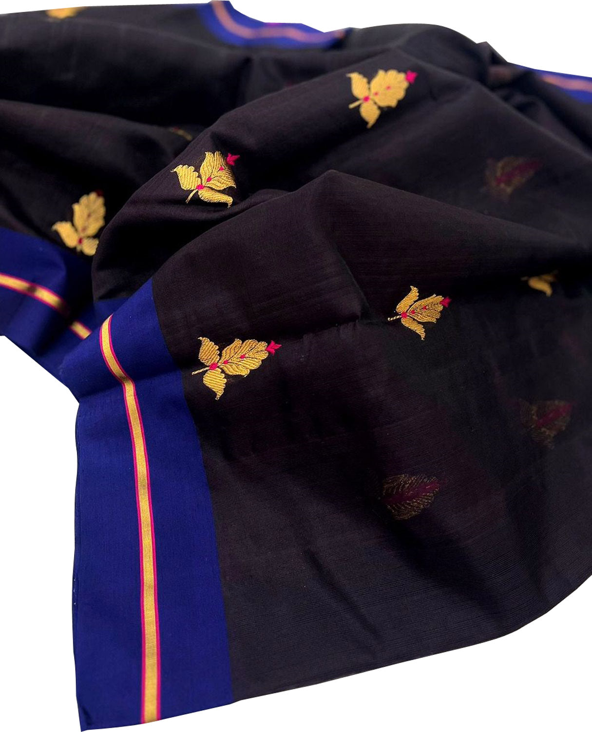 Elegant Black Handloom Chanderi Pure Silk Flower Design Saree - Luxurion World