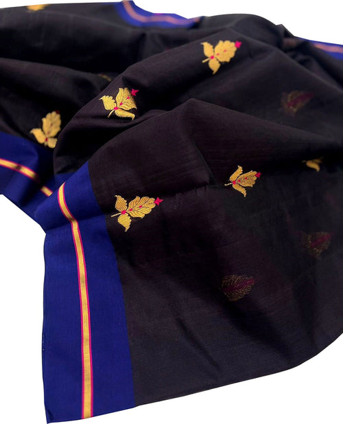 Elegant Black Handloom Chanderi Pure Silk Flower Design Saree - Luxurion World