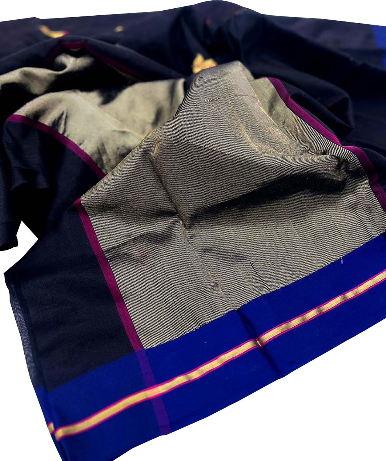 Elegant Black Handloom Chanderi Pure Silk Flower Design Saree - Luxurion World