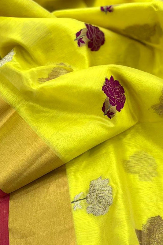 Yellow Handloom Chanderi Pure Silk Flower Design Saree - Luxurion World