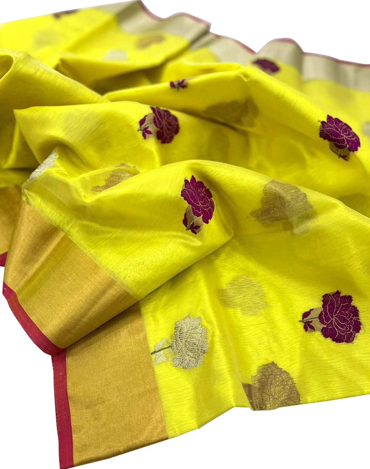 Yellow Handloom Chanderi Pure Silk Flower Design Saree - Luxurion World