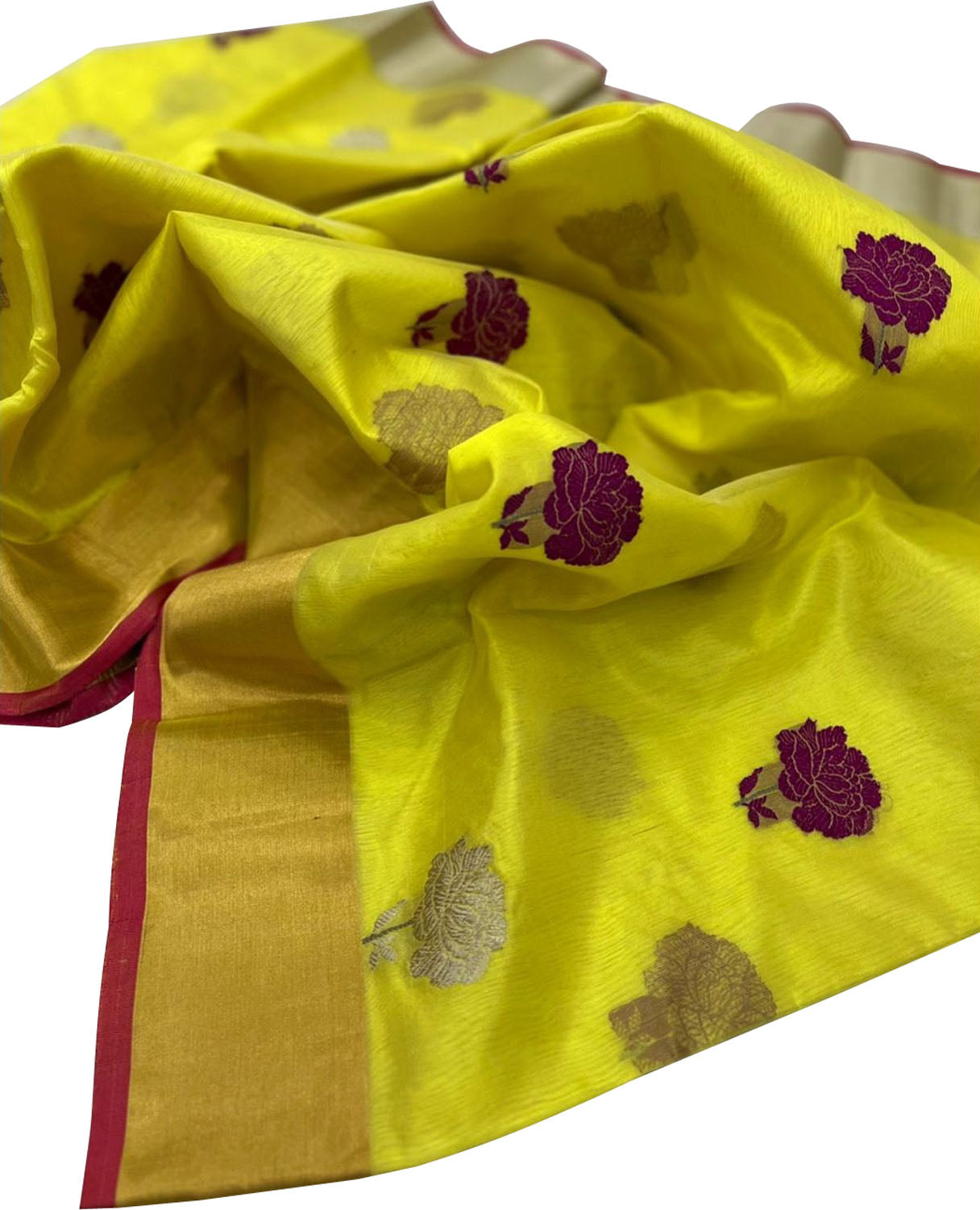 Yellow Handloom Chanderi Pure Silk Flower Design Saree - Luxurion World