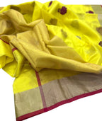 Yellow Handloom Chanderi Pure Silk Flower Design Saree - Luxurion World