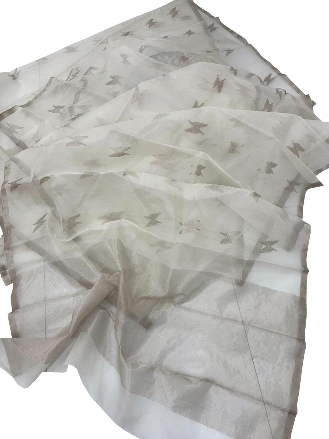 Off White Handloom Chanderi Pure Katan Organza Silk Saree - Luxurion World