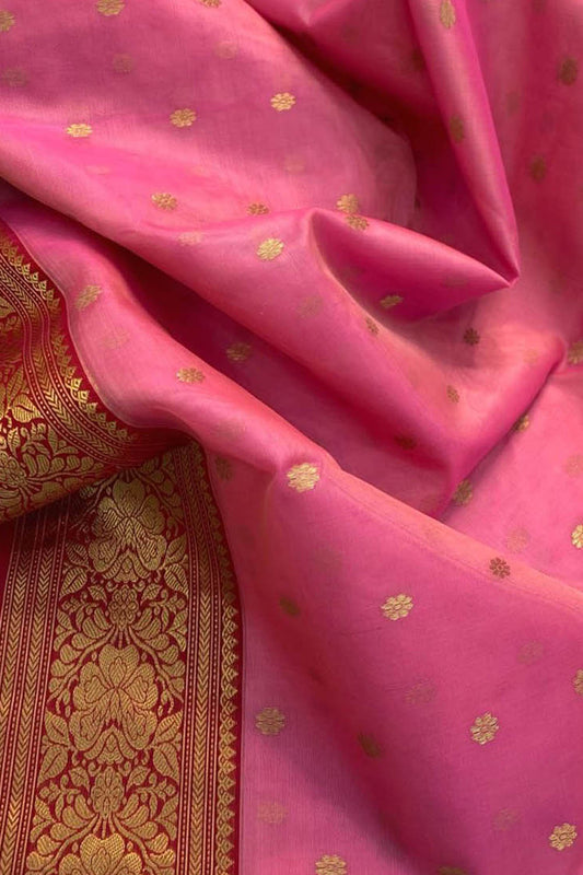 Pink Handloom Chanderi Pure Katan Organza Silk Booti Design Saree - Luxurion World