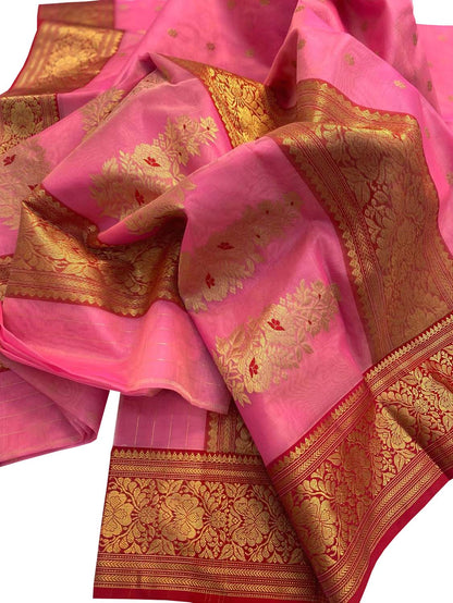 Pink Handloom Chanderi Pure Katan Organza Silk Booti Design Saree - Luxurion World