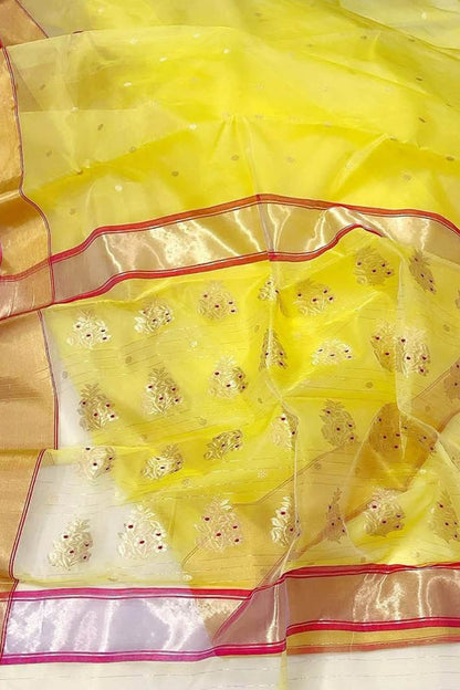 Yellow Handloom Chanderi Pure Katan Organza Silk Saree - Luxurion World