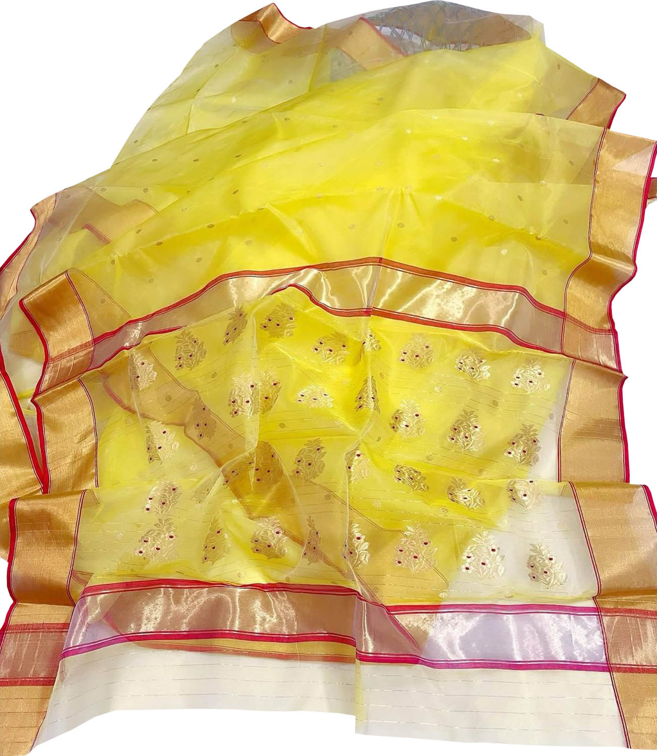 Yellow Handloom Chanderi Pure Katan Organza Silk Saree - Luxurion World