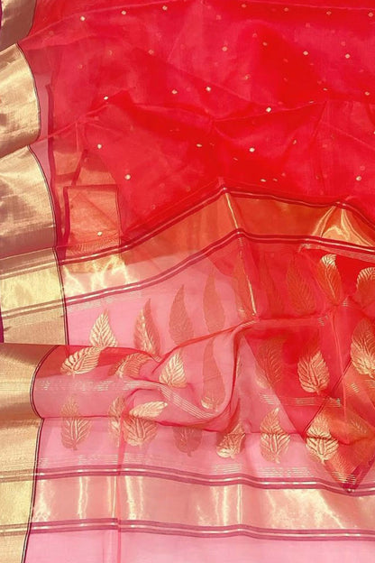 Red Handloom Chanderi Pure Katan Organza Silk Saree - Luxurion World