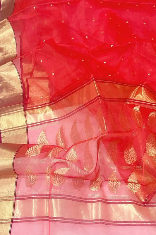 Red Handloom Chanderi Pure Katan Organza Silk Saree - Luxurion World