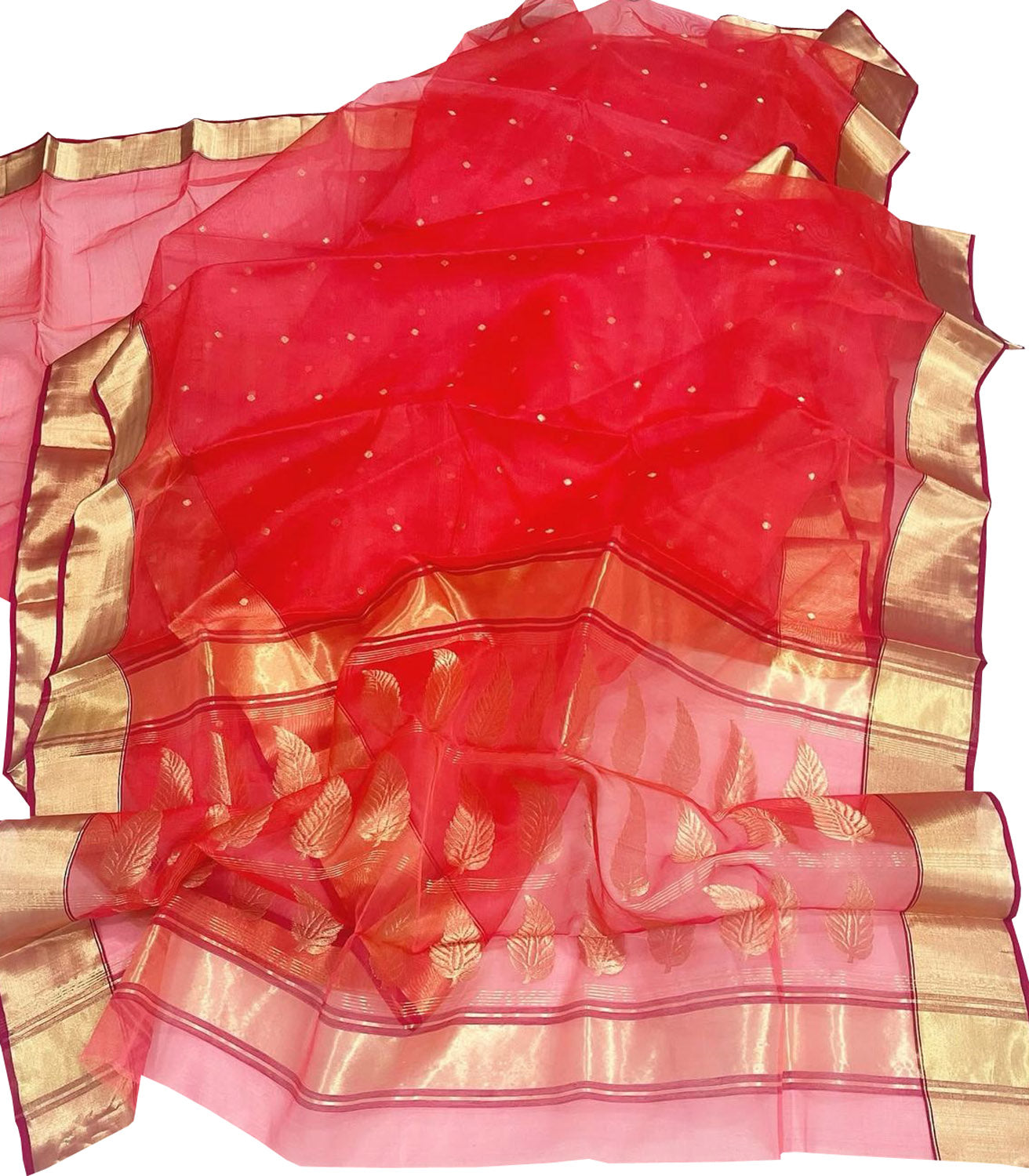 Red Handloom Chanderi Pure Katan Organza Silk Saree - Luxurion World