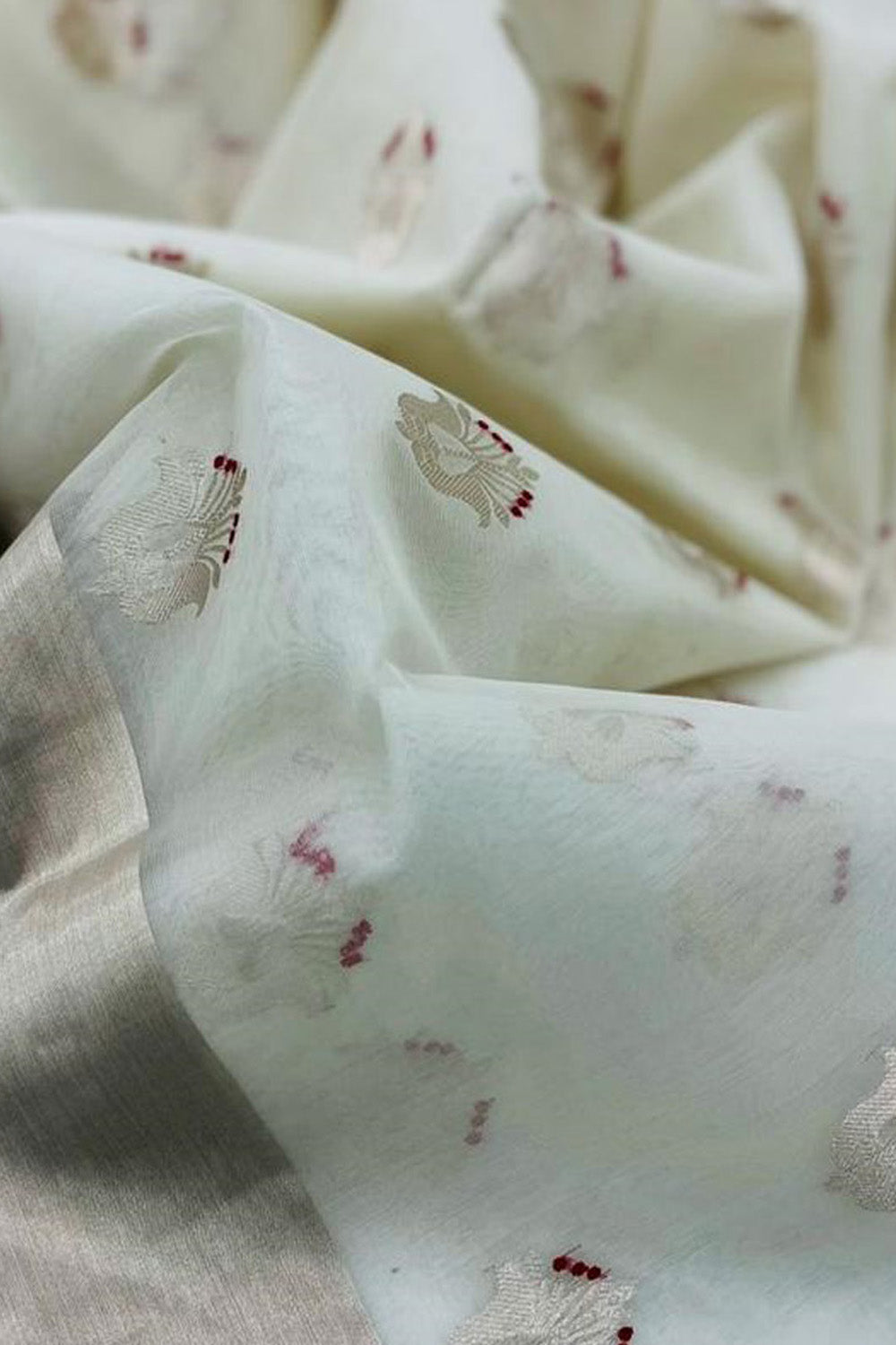 Off White Handloom Chanderi Pure Katan Organza Silk Saree - Luxurion World